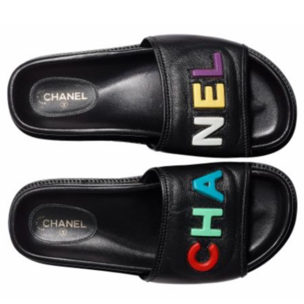 SOLD!!! NEW Chanel Lettered Mules, Black & Multicolored, Size 38